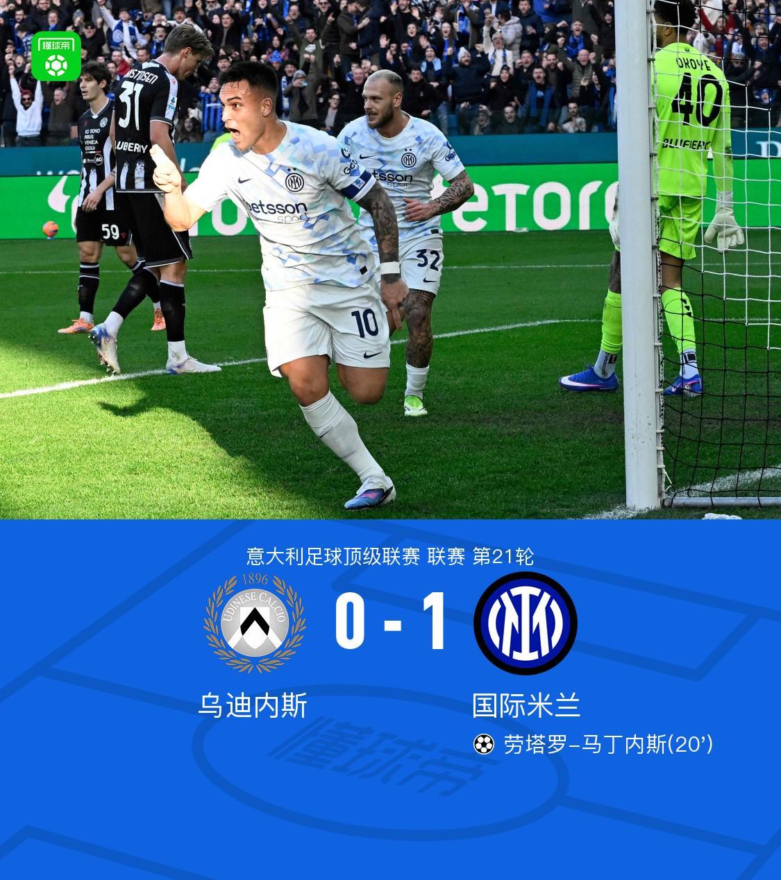 剑南春｜国米1-0乌迪内斯，劳塔罗制胜，迪马尔科进球被吹